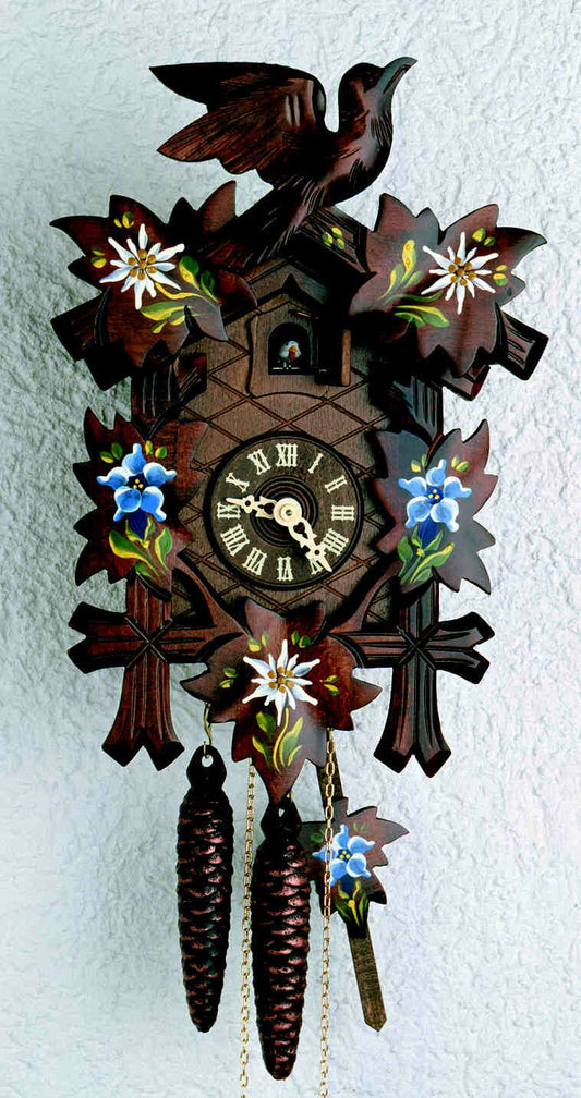 Black Forest Cuckoo Clock- 5 leaves with Edelweiss and Gentian flowers