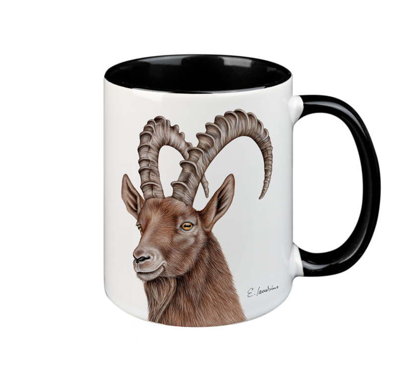 A white ceramic Mug- Capricon with a black rim and handle from Cuckoo's Nest features an intricate illustration of a brown-horned mountain goat on its side. The detailed drawing showcases the goat's majestic spiral horns and serene expression, with the artist's signature visible beneath. This dishwasher and microwave-safe Mug- Capricon ensures convenience in your daily routine.