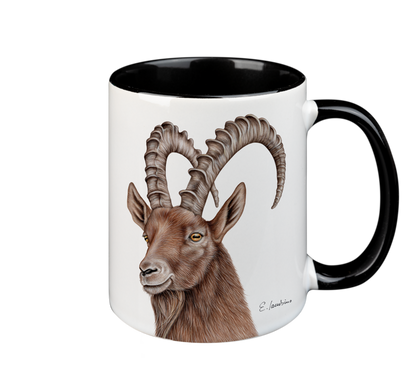 A white ceramic Mug- Capricon with a black rim and handle from Cuckoo's Nest features an intricate illustration of a brown-horned mountain goat on its side. The detailed drawing showcases the goat's majestic spiral horns and serene expression, with the artist's signature visible beneath. This dishwasher and microwave-safe Mug- Capricon ensures convenience in your daily routine.