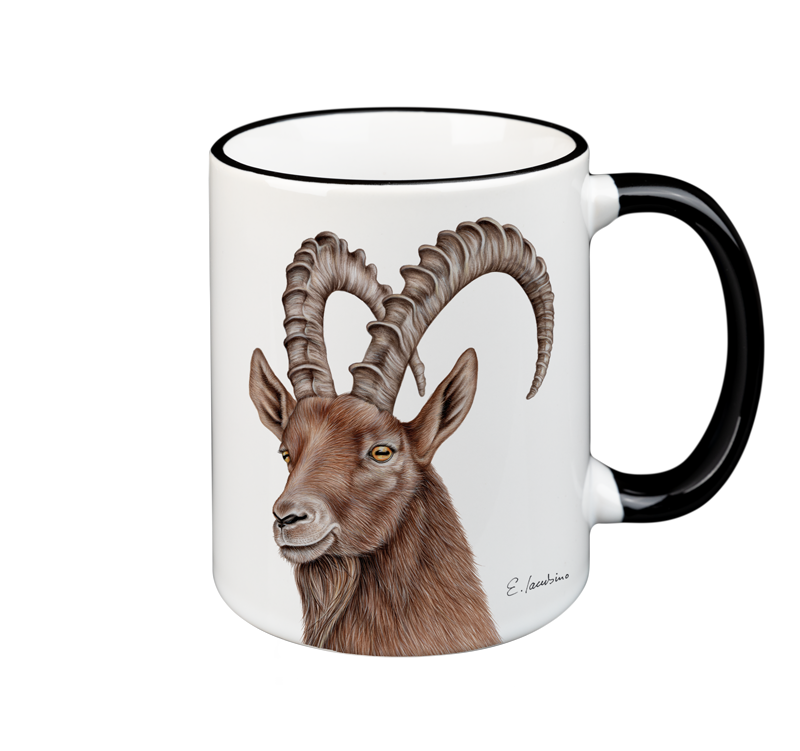 A microwave and dishwasher safe ceramic mug with a black handle and rim features a detailed illustration of a mountain goat with large curved horns. The signature "E. Sevachian" is written on the side near the handle. The Mug-Capricon from Cuckoo's Nest exemplifies both style and practicality in every sip.