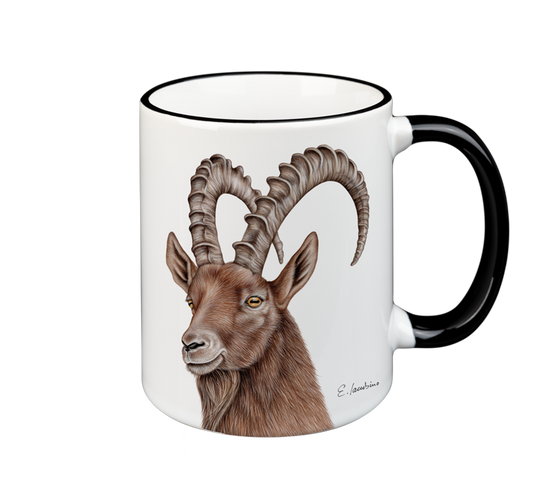 A microwave and dishwasher safe ceramic mug with a black handle and rim features a detailed illustration of a mountain goat with large curved horns. The signature "E. Sevachian" is written on the side near the handle. The Mug-Capricon from Cuckoo's Nest exemplifies both style and practicality in every sip.