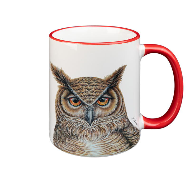 A white ceramic Mug-Owl with a red rim and handle from Cuckoo's Nest features a realistic, detailed illustration of an owl. The owl's piercing orange eyes and intricate feather patterns are prominently displayed on the front of this microwave-safe and dishwasher-safe mug.